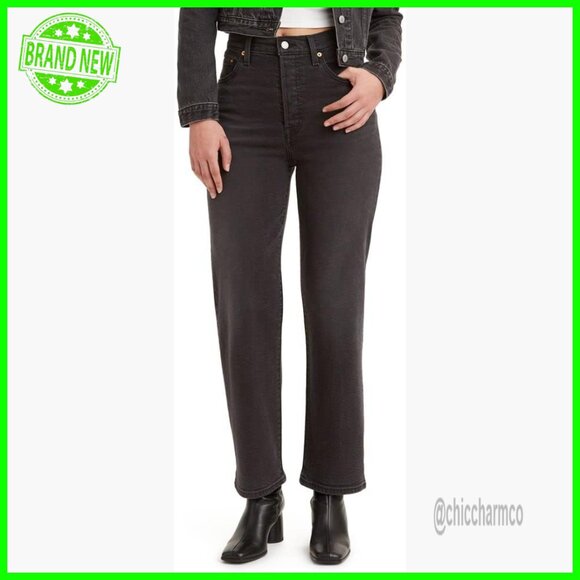 Denim - High Rise Straight Ankle Jeans, 99% Cotton Stretch, Button Fly